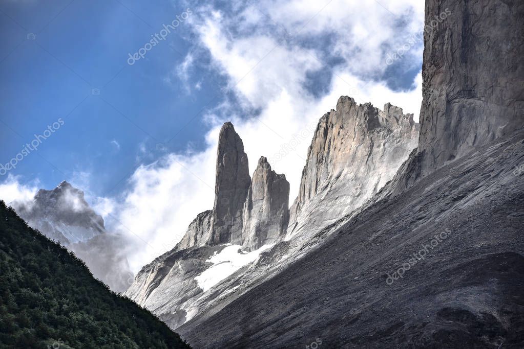 Dramatic mountain peaks in the Torres del Paine National Park, Patagonia, Chile