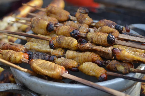 Suri Uma Larva Amazônica Que Alimenta Seiva Palma Grelhada Servida — Fotografia de Stock