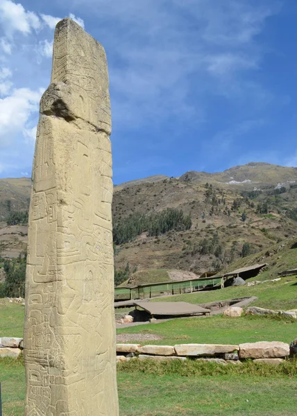 Carved Stone Obelisk Chavin Huantar Archaeological Site Ancash Peru — Stock Photo, Image