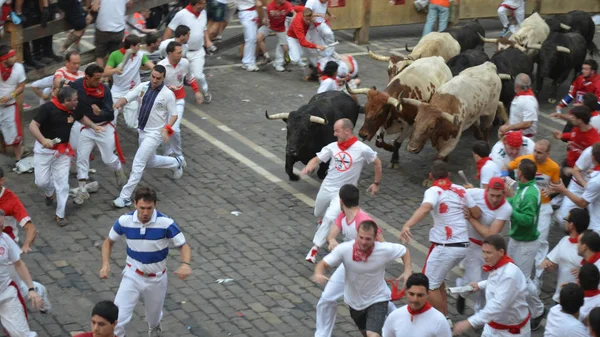 Kalabalık bulls yıllık çalışan katılmak. San Fermin Festivali, Pamplona, İspanya - 10 Temmuz 2013