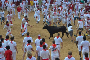 Heyecanlı festival müdavimlerinin kalabalıklar Plaza de Toros'e kadar aramazsam, San Fermin fiesta, Pamplona, İspanya sırasında çalıştırın. 10 Temmuz 2013