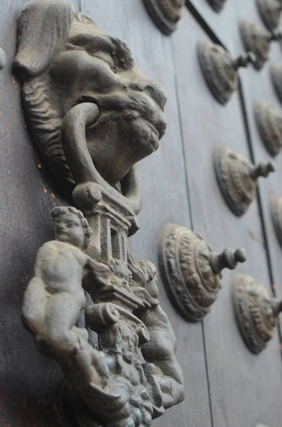 Lví Hlavy Dveřní Klepadlo Detail Dveře Katedrály Lima Peru — Stock fotografie
