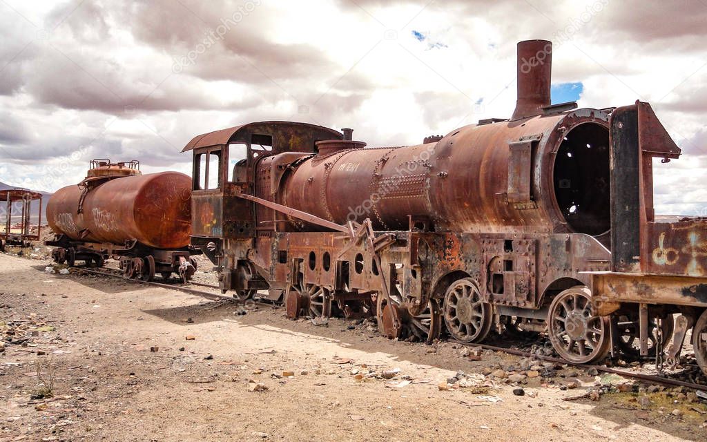 Rusting locomotives in the train cemetery, Uyuni, Bolivia