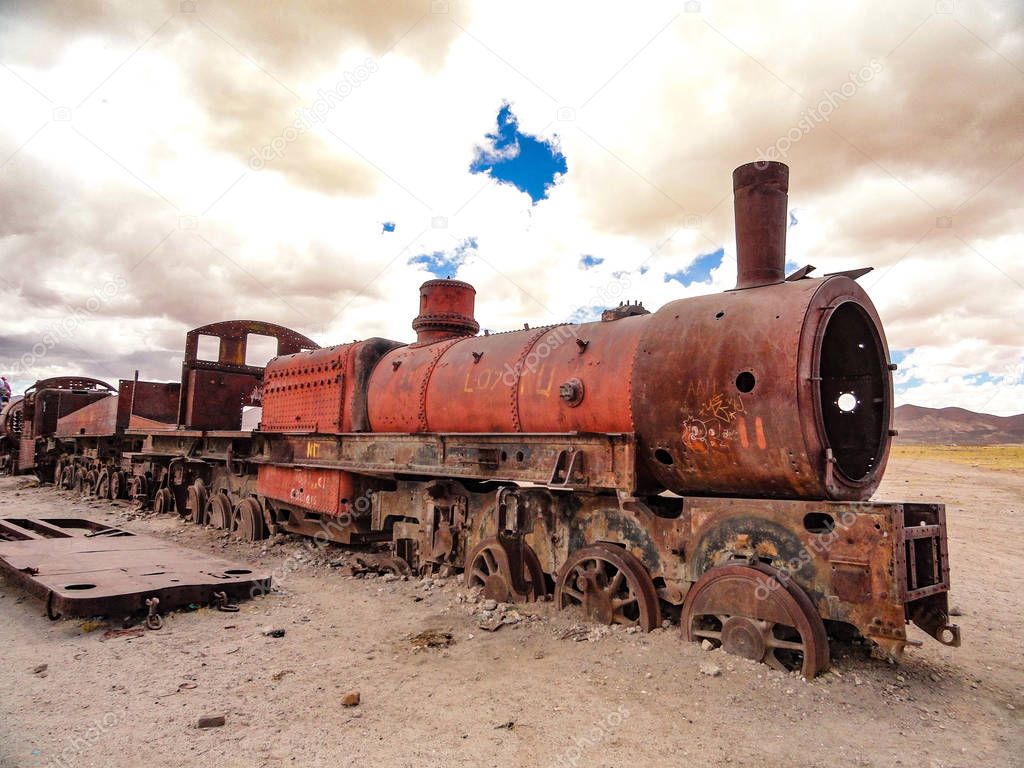 Rusting locomotives in the train cemetery, Uyuni, Bolivia
