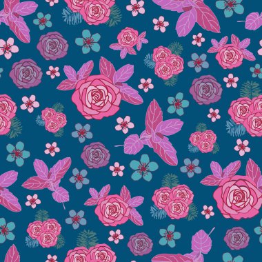 Çiçeklerin Renkli Koleksiyonu Kusursuz Tekrarı Şablonu. Renkli çiçekler ve yaprakların arka planı mor, pembe, sarı, yeşil, mavi ve turuncu. Yüzey deseni tasarımı. Kumaş, Albüm ve duvar kağıtları için mükemmel