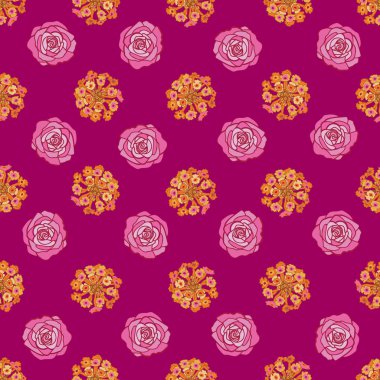 Çiçeklerin Renkli Koleksiyonu Kusursuz Tekrarı Şablonu. Renkli çiçekler ve yaprakların arka planı mor, pembe, sarı, yeşil, mavi ve turuncu. Yüzey deseni tasarımı. Kumaş, Albüm ve duvar kağıtları için mükemmel