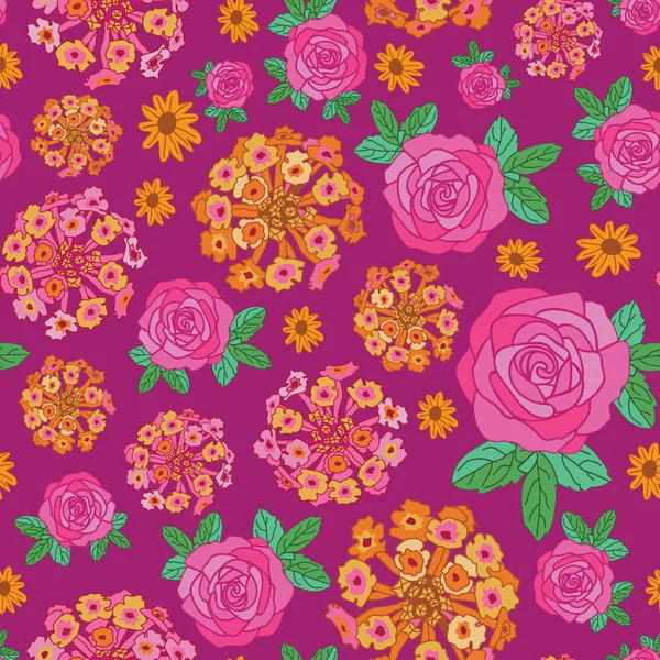 Lantana Rose Dream-Flowers in Bloom patrón de repetición sin costuras fondo en rosa amarillo y naranja — Vector de stock