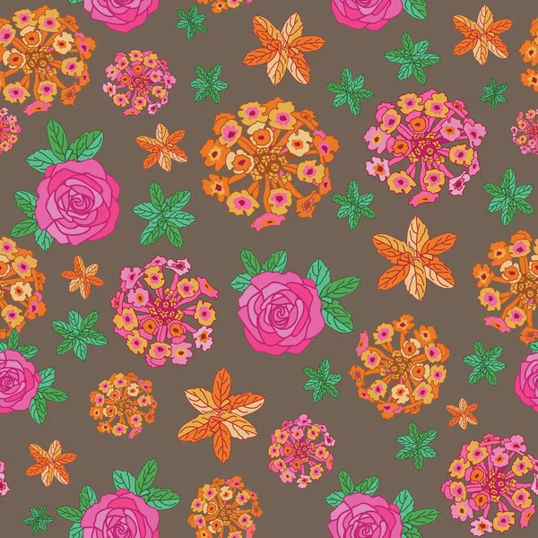 Lantana Rose Mint-Flowers in Bloom fondo patrón de repetición sin costuras en rosa, orang, amarillo, granate y negro — Vector de stock