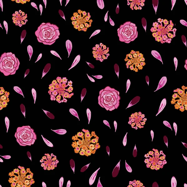 Lantana pétalos de rosa-flores en flor sin costuras repetir el fondo del patrón en rosa, orang, amarillo, granate y negro — Vector de stock