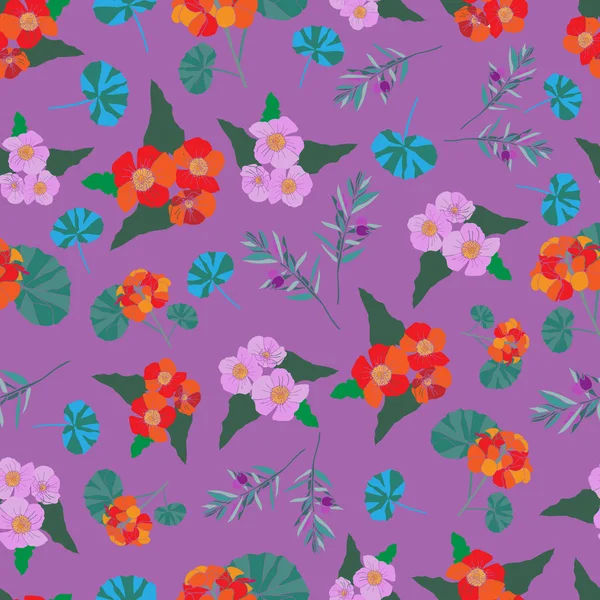 Çiçeklerin Renkli Koleksiyonu Kusursuz Tekrarı Şablonu. Renkli çiçekler ve yaprakların arka planı mor, pembe, sarı, yeşil, mavi ve turuncu. Yüzey deseni tasarımı. Kumaş, Albüm ve duvar kağıtları için mükemmel