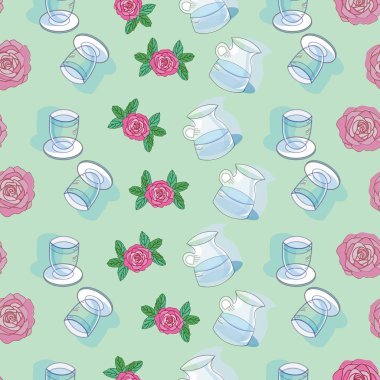 Water Jugs & Roses-Garden Çay Partisi, kusursuz tekrarlayan desen tasarımı. Narin su sürahilerinin taze desenleri, açık mavi, pembe, yeşil ve beyaz cam ve güller. Kumaş, hatıra defteri ve hediye paketi için mükemmel..