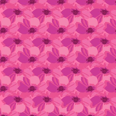 Bloom 'daki Kozmos Ahenk Çiçekleri kusursuz tekrarlama kalıbı. Taze Soyut Kozmos çiçekleri pembe ve kestane rengi arka plan şekilleri oluşturur. Yüzey desenli tasarım. Kumaş, Albüm ve duvar kağıtları için mükemmel