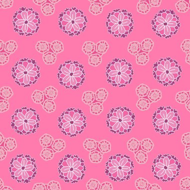 Bloom 'daki Zinnia Dantelli Çiçekler, kusursuz bir tekrarlama örneği. Çiçekler ve basit dantel şekiller. Yüzey tekrar dizaynı pembe ve kestane rengi. Kumaş ve hurda için mükemmel.,