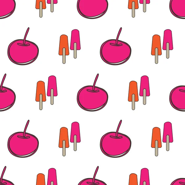 Illustration répétée sans couture Cherry Popsicles-Sweet Dreams. Fond rose, orange, vert, crème et brun — Image vectorielle
