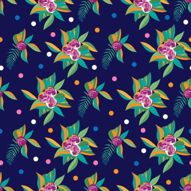 Floral Nights-Flowers in Bloom seamless repeat pattern background in pink,green,yellow,blue,orange and white