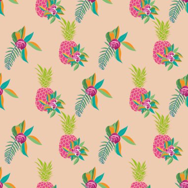 Pineappel Spring-Fruit Delight. Seamless Repeat Pattern illustration.Background in pink,orange,green,white and cream.