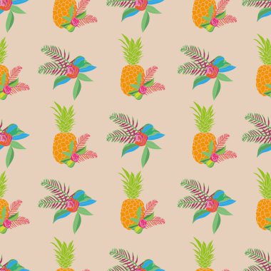 Festive Pineapple-Fruit Delight. Seamless Repeat Pattern illustration.Background in pink,orange,green,white and cream.