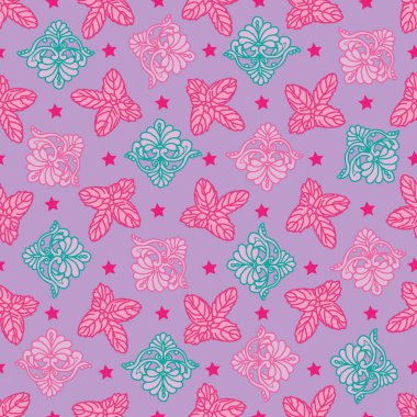 Dantelli Nane Yaprakları Pembe, turuncu ve yeşil arka planda pürüzsüz tekrarlar,