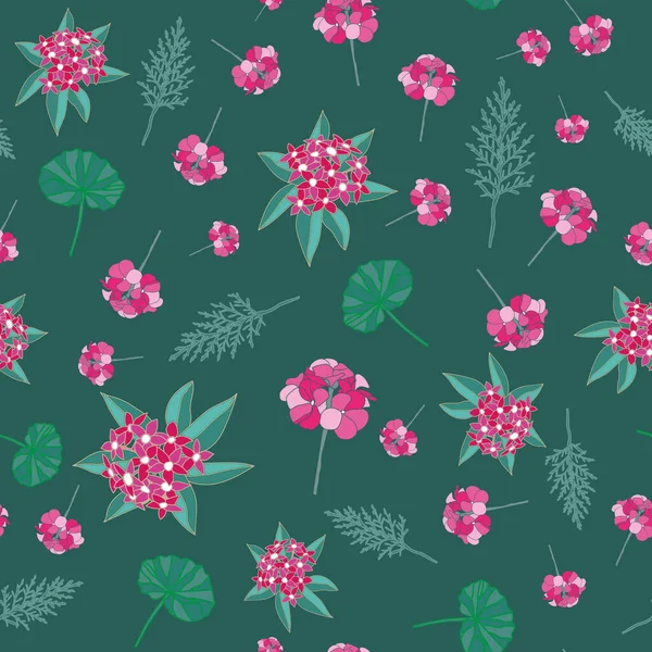 Jardín fresco-Flores en flor patrón de repetición sin costuras Fondo en rosa, marrón y verde — Vector de stock