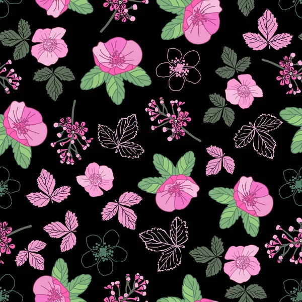 Night Blossom-Flowers in Bloom patrón de repetición sin costuras Fondo en rosa, verde y negro — Vector de stock