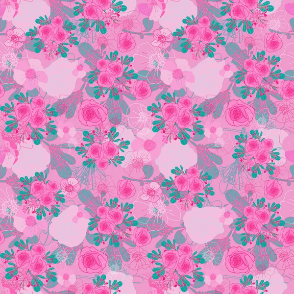 ピンクのバラ-花の咲くシームレスな繰り返しパターン緑、ピンク、白の背景 ストックイラスト