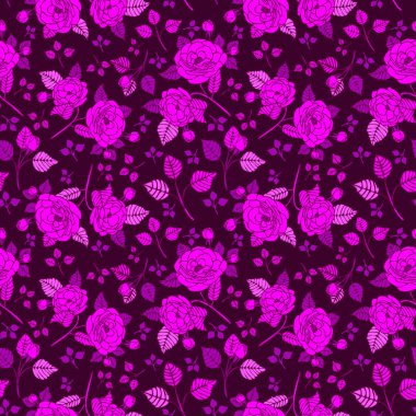 Çiçeklerdeki Kadife Mor Güller Kusursuz Tekrarlama Kalıbı. Neon mor ve kestane rengi renkli gül çiçekleri ve yaprakların arkaplan deseni. Yüzey deseni tasarımları. Kumaş, hatıra defteri, duvar kağıdı için mükemmel.