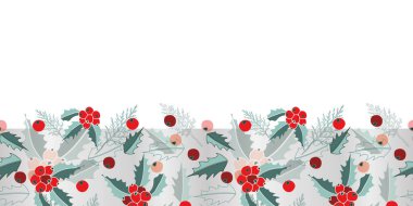 Puslu Ökseotu Sınır Evliliği Noel 'i, kusursuz bir tekrarlama şablonu. Selvi yapraklarının çok katmanlı sınır tasarımı kırmızı, kestane rengi, yeşil, gümüş rengi ökseotu. Kumaş, defter, duvar kağıdı için mükemmel..