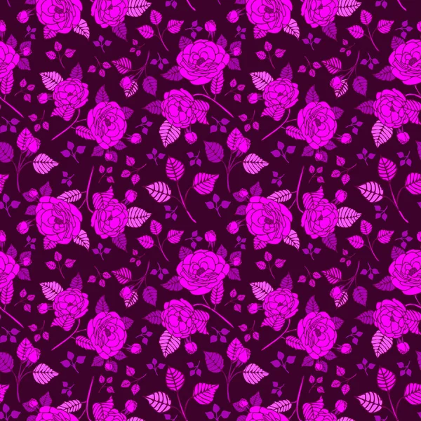 Velvet Purple Roses Flowers Bloom Patrón Repetición Sin Costuras Neón — Vector de stock