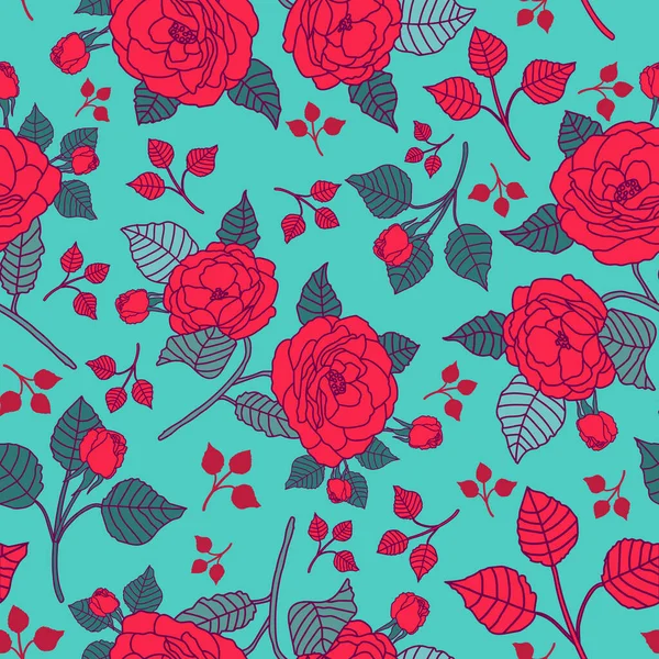 赤バラ 花がシームレスに繰り返しパターンを咲かせます 赤と緑の鮮やかなバラのパターンの背景 表面パターンのデザイン スクラップブック 壁紙に最適です ベクターグラフィックス