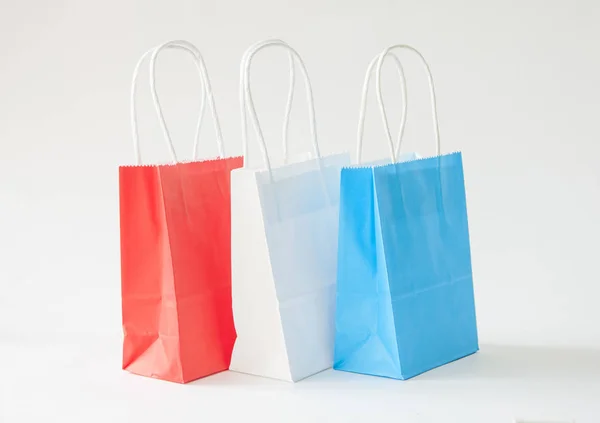 Colorful Paper Bags Handles White Background — 스톡 사진