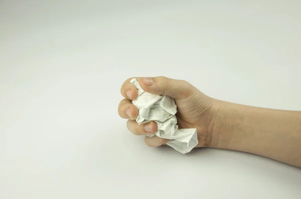 Houvast Bal Papier Met Man Hand Geïsoleerd Witte Achtergrond — Stockfoto