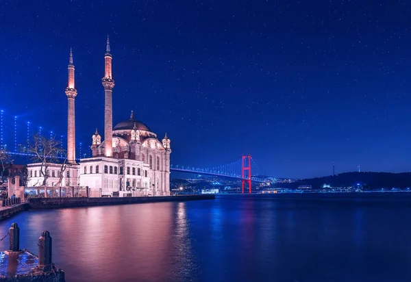 Ortakoy Mosque near Bosphorus at night in Istanbul, Turkey