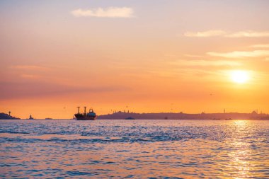 Gün batımı. Martılar. Gemi. Boğaz. Istanbul, Türkiye.