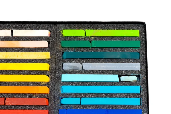 Pastel Crayons Black Box White Background — Stock Photo, Image