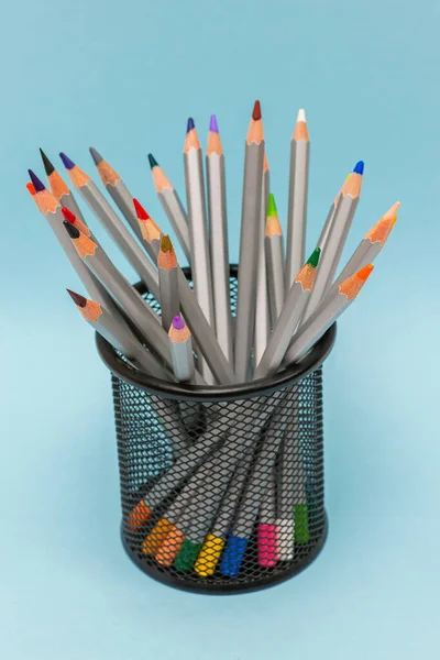 Gray Wooden Pencils Colored Rods Stand Blue Background — Stock Photo, Image