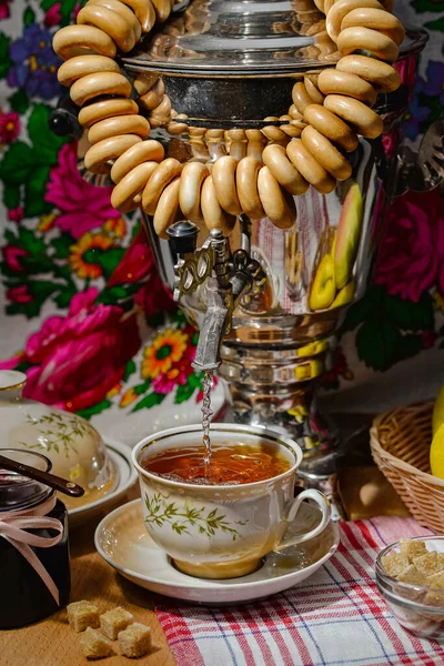 Iron Samovar Bagels Which Tea Flows Cup — Stock Photo, Image