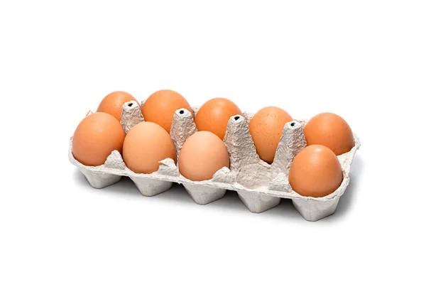 Neun Eier Einem Karton Auf Weißem Hintergrund — Stockfoto