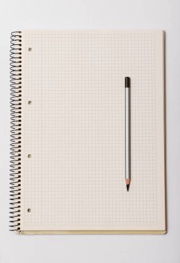 beyaz arkaplanda beyaz işaretli defter ve gri kalem