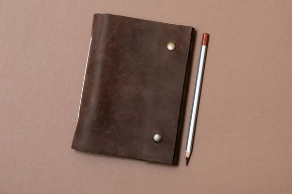 Vintage Leather Notebook Pencil Brown Background — Stock Photo, Image