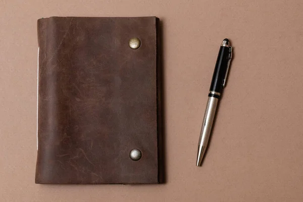 Vintage Leather Notebook Pencil Brown Background — Stock Photo, Image