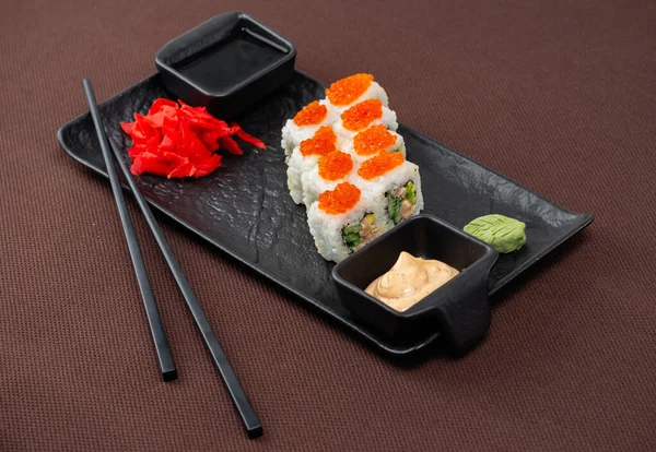 Sushi Salmon Tuna Rice Ginger Soy Sauce Chopsticks Sushi Black — Stock Photo, Image