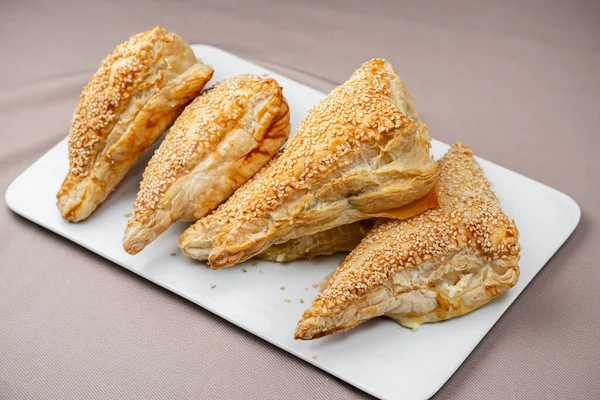 Jewish Bourekas Silan Sesame Seeds Rectangular White Plate — Stock Photo, Image