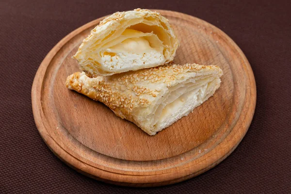 Sliced Jewish Bourekas Silan Sesame Seeds Cheese Wooden Board Brown — Stock Photo, Image