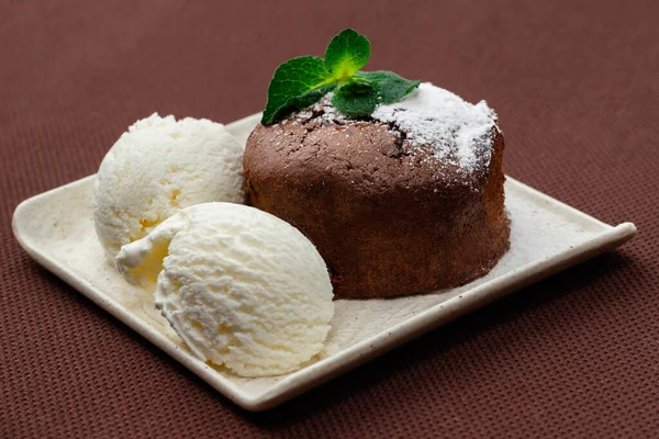 Chocolate Fondant Dusted Icing Sugar Two Balls Ice Cream Mint — Stock Photo, Image