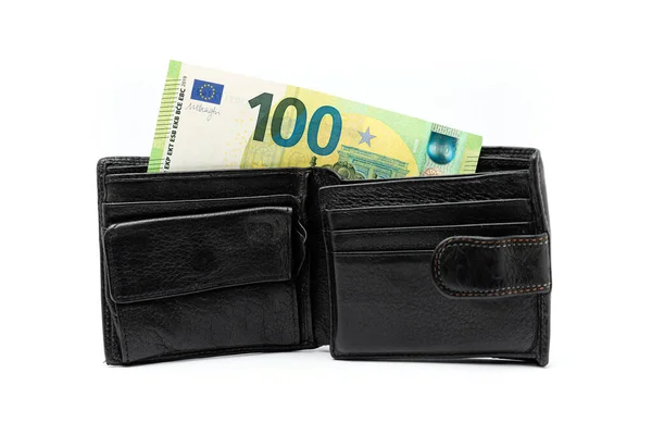 100 Notas Euro Uma Carteira Couro Preto Fundo Branco — Fotografia de Stock