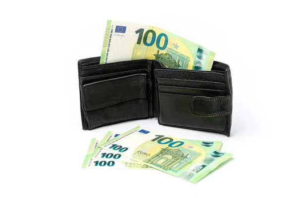 Černá Kožená Pánská Peněženka Několik Bankovek Hodnotě 100 Eur Bílém — Stock fotografie
