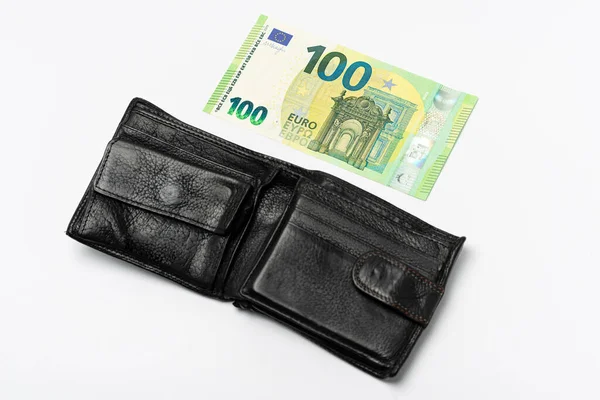 Billetera Para Hombre Cuero Negro 100 Euros Sobre Fondo Blanco — Foto de Stock