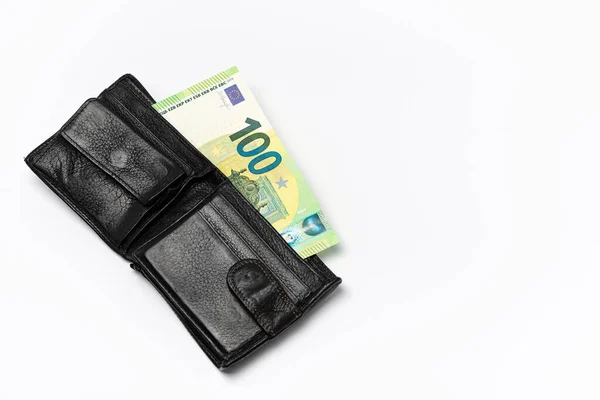 Billetera Para Hombre Cuero Negro 100 Euros Sobre Fondo Blanco —  Fotos de Stock