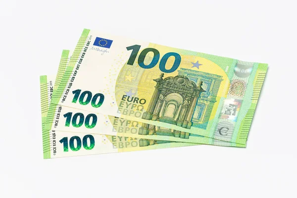 Три Банкноты 100 Евро Белом Фоне — стоковое фото