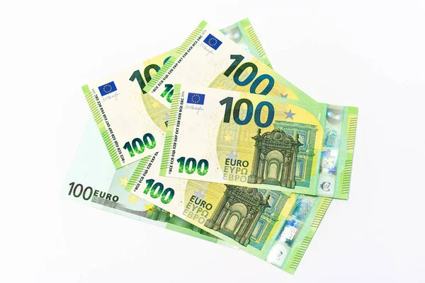Několik Bankovek Hodnotě 100 Eur Bílém Pozadí — Stock fotografie